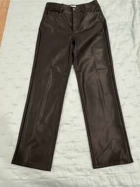 LOFT Black Faux Leather Pants with Metal Button Detail